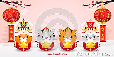 Happy Chinese new year 2022 greeting card. group Little tiger holding Chinese gold year of the tiger zodiac poster, banner, Vector Illustration