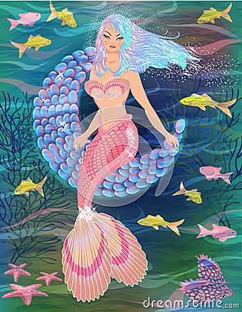 Pretty mermaid, moon , fish. greeting card Vector Illustration