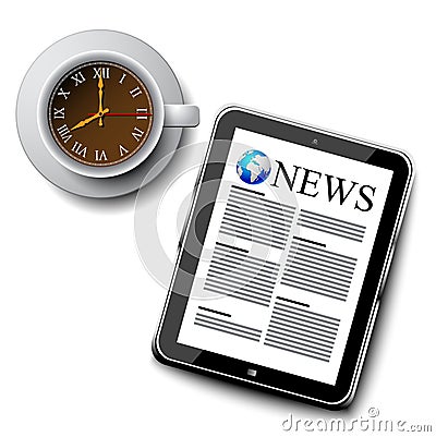 Morning news. Tablet pc and clock as cup of coffee Vector Illustration