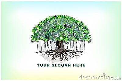 Banyan tree and roots logo Vector Illustration