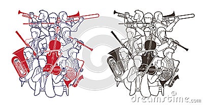 Group of Musician Orchestra Instrument Cartoon Outline Graphic Vector Vector Illustration