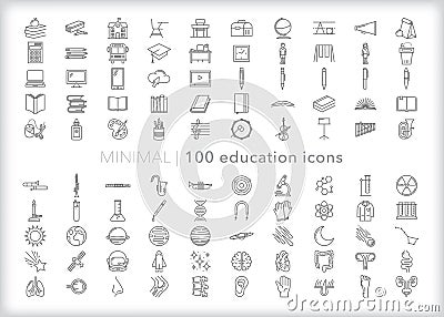 100 Education icons for school, students learning different disciplines from teachers Vector Illustration