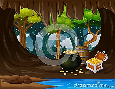 Treasure cave with golden coins in chest and wooden barrel Vector Illustration