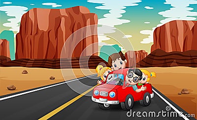 The family traveling by red car through the desert Vector Illustration