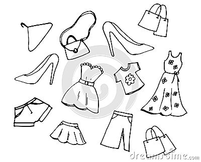 Set of doodle woman clothing isolated on white background. simple sketch. hand drawn vector. dress, heel shos, handbag, denim pant Stock Photo