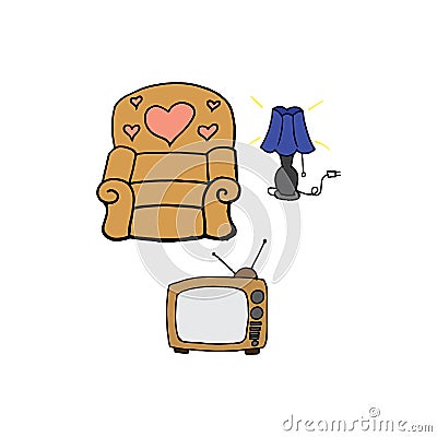 Set of living room furniture on white background. comfortable place. sofa, desk lamp, vintage television. hand drawn vector. home Stock Photo