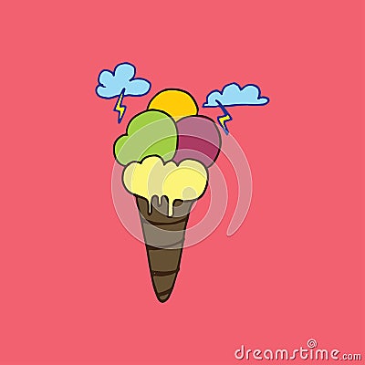 Ice cream cone icon with clouds and thunderbolt on pink background. wafer cone, colorful ice cream. hand drawn vector. doodle art Stock Photo