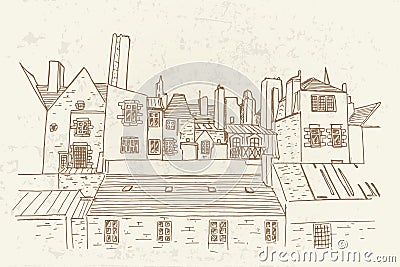 Hand drawn ink vector sketch of european cityscape. Vector Illustration