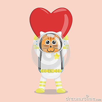 Illustration vector graphic cartoon of cute cat astronaut raises a love Vector Illustration