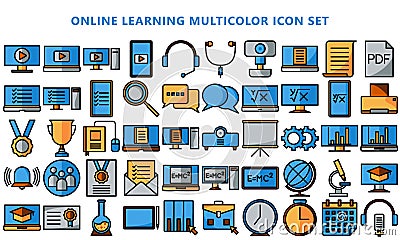 Multicolor icons set related to online learning during covid-19 Vector Illustration