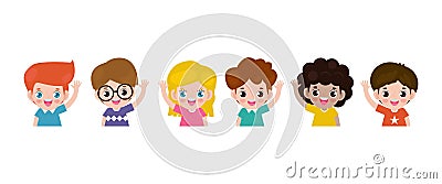 Set of cute Kids waving hands, little children Smiling and greeting gesture Cheerful elementary school students, kindergarten Vector Illustration