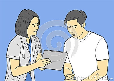 Serious doctor with tablet and patient. Vector Illustration