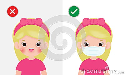 Kids mark protective No Entry Without Face Mask or Wear a Mask Icon, yes no sign with children wearing or not wearing a mask Vector Illustration