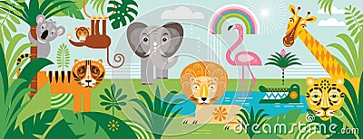 Exotic animals in tropical forest , rainforest. Inhabitants of African jungle. Vector Illustration