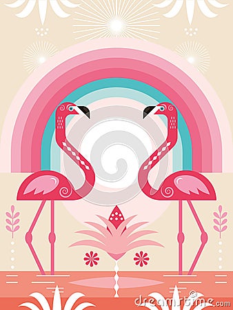 Beautiful pink flamingo, rainbow. Vector Illustration