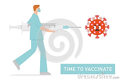 Time to vaccinate banner - doctor and syringe with vaccine for COVID-19 Vector Illustration