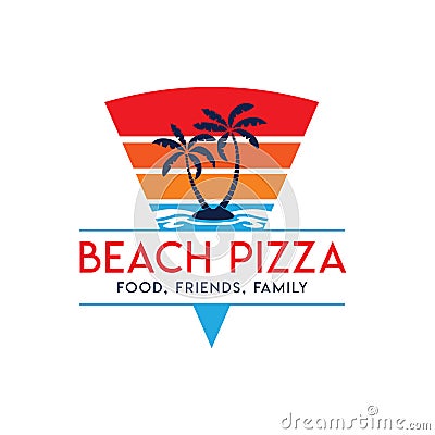 Pizza logo with sunset beach view Vector Illustration