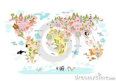 Print. Vector map of the world with cartoon animals for kids. Vector Illustration