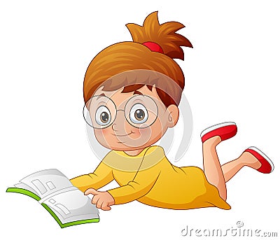 Cartoon girl student laying down and reading a book Vector Illustration