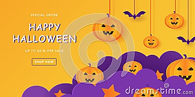 promotion halloween banner template with cloud paper cut style and pumpkin character, bat ornament, flash sale, vector Vector Illustration