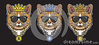 PrintSet collection of the cool cat with cryptocurrency necklace and king crown in flat vector illustration Vector Illustration