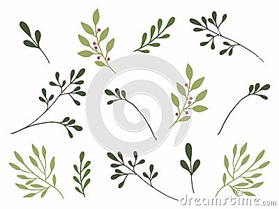 Hand drawn watercolor illustration. Botanical clipart with branches and leaves. Greenery. Floral Design elements. Perfect for wedd Vector Illustration