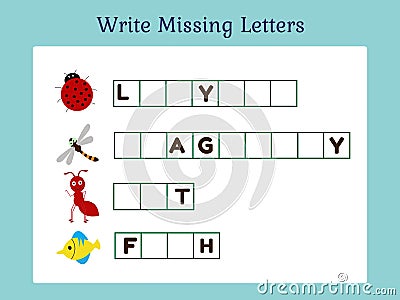 Write Missing Letters Game for Kids. Animal series. Vector Illustration