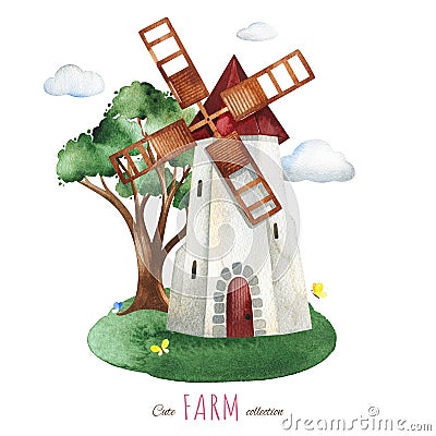Watercolor set with windmill, tree, clouds. Cartoon Illustration