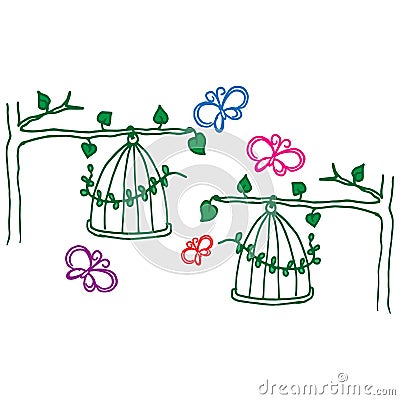 Two bird cages hanging on trees illustration isolated on white background. empty bird cage with colorful butterflies. hand drawn v Vector Illustration