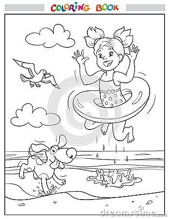 Black and white coloring book or illustration. Joyful girl and dog are jumping into the sea on the beach, a seagull in the sky Vector Illustration