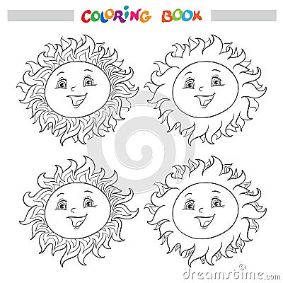 Coloring book or page with a collection of four smiling suns with different rays. Vector Illustration