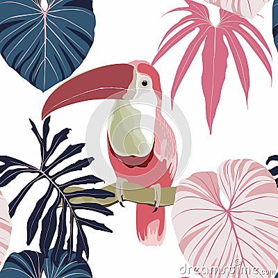 Toucans, blue pink palm leaves, white background. Floral seamless pattern. Tropical illustration. Vector Illustration