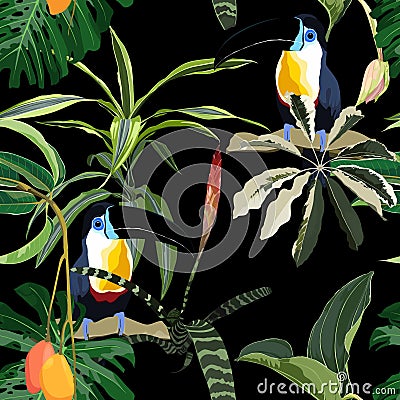 Exotic jungle plants illustration pattern with toucan bird. Creative collage contemporary floral seamless pattern. Vector Illustration