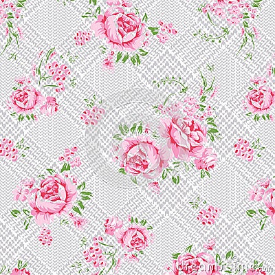 Bouquets roses on diagonal houndstooth background Vector Illustration