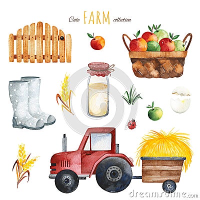 Watercolor set with apples,tractor,haystack, milk bottle,boots,wooden fence Stock Photo