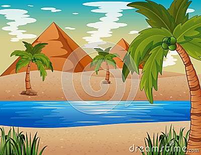 Desert with pyramid and Nile river illustration Vector Illustration