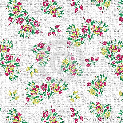 Bouquets colorful flowers pattern on grunge melange print Vector Illustration