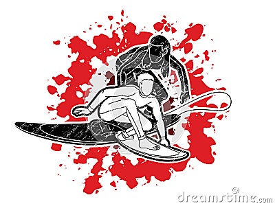 Surfer Action Group of Surfing Sport Male and Female Players Cartoon Graphic Vector Vector Illustration