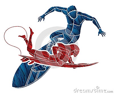 Surfer Action Group of Surfing Sport Male and Female Players Cartoon Graphic Vector Vector Illustration