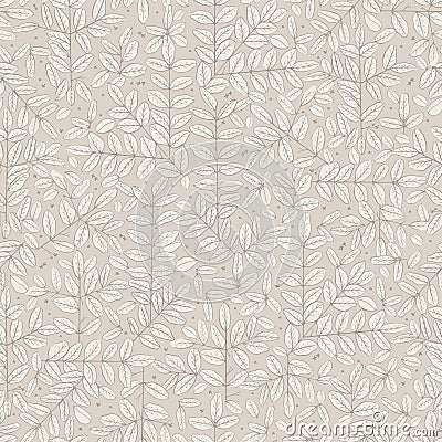 Vector pen drawing branches and leaves motif seamless repeat pattern ivory color background Vector Illustration