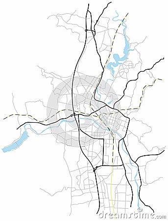 Marioka city map Japan - town streets on the plan. Monochrome line map of the scheme of road. Vector Vector Illustration