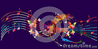 Colorful musical background with musical notes and vinyl record disc vector illustration design. Artistic music festival poster, e Vector Illustration