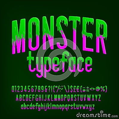 Monster alphabet font. Slime letters, numbers and punctuation. Vector Illustration