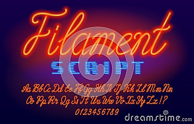 Filament script font. Neon color letters and numbers. Uppercase and lowercase. Vector Illustration