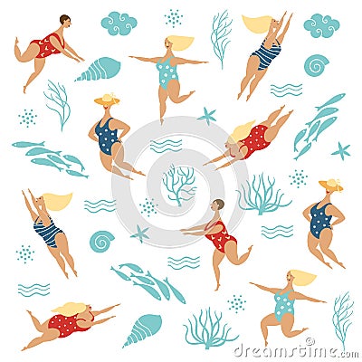 Five funny cute plump women in swimsuits Vector Illustration