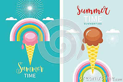 Summer time banners concept, ice cream cone and rainbow, color vector illustration. Hello summer Vector Illustration