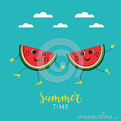 Two funny pieces of Watermelon on the beach. Summer time. Hello summer, card design Vector Illustration