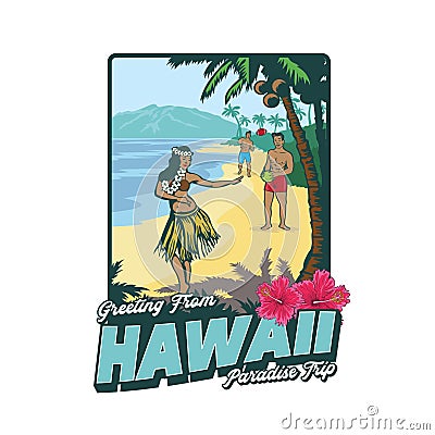 Hula dance girl with two man in beach Hawaii tshirt design Vector Illustration