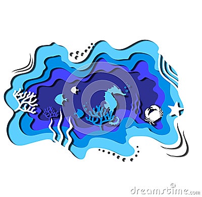 Vector image of the sea, ocean life scene with the seahorse, crab, fishes, seaweed, waves and the water bubbles made with Print Stock Photo