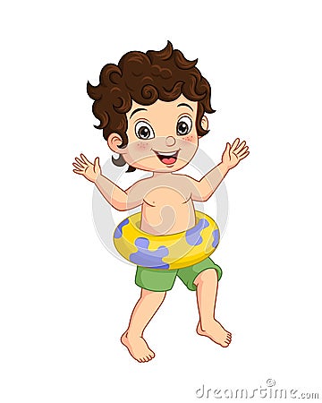 Cartoon happy little boy with inflatable lifebuoy Vector Illustration